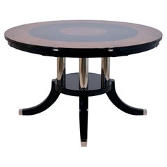 Round Extendable French Art Deco Dining or Center Table in Black and Burl Wood