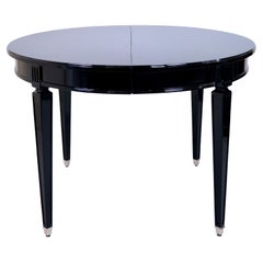 Round Extendable French Art Deco Dining or Center Table in Black Piano Lacquer 