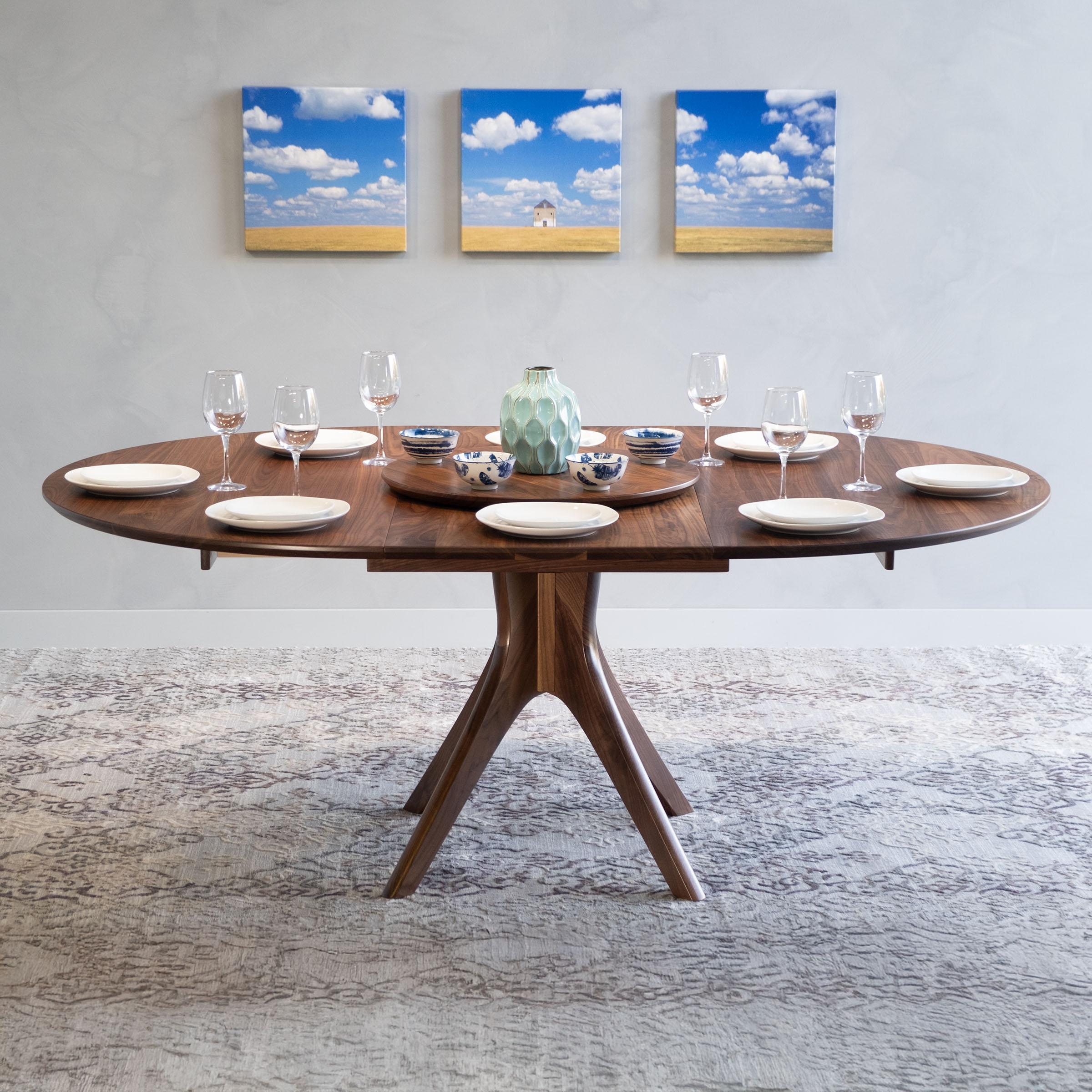 Mid-Century Modern Round Extendable Pedestal Dining Table 46