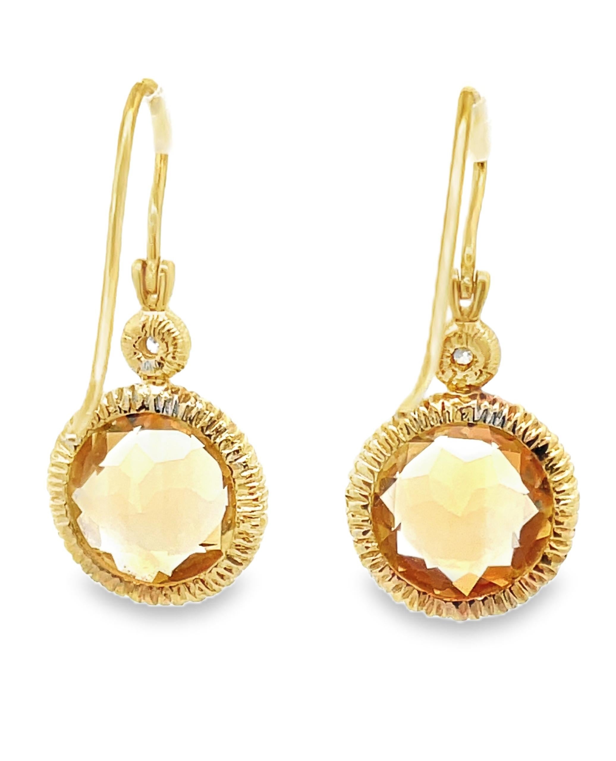 Taille ronde Round Faceted Citrine Drop Earrings Bezel Set in 14K Yellow Gold with Diamonds en vente
