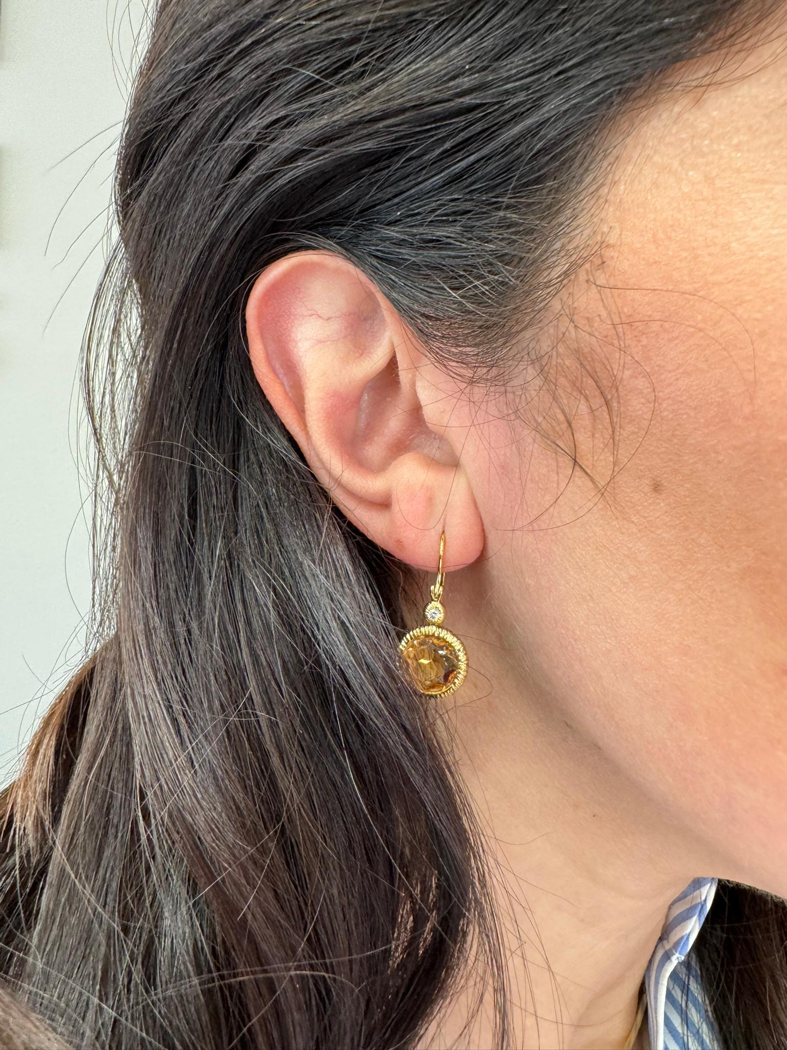 Round Faceted Citrine Drop Earrings Bezel Set in 14K Yellow Gold with Diamonds Neuf - En vente à Old Tappan, NJ