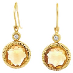 Round Faceted Citrine Drop Earrings Bezel Set in 14K Yellow Gold with Diamonds