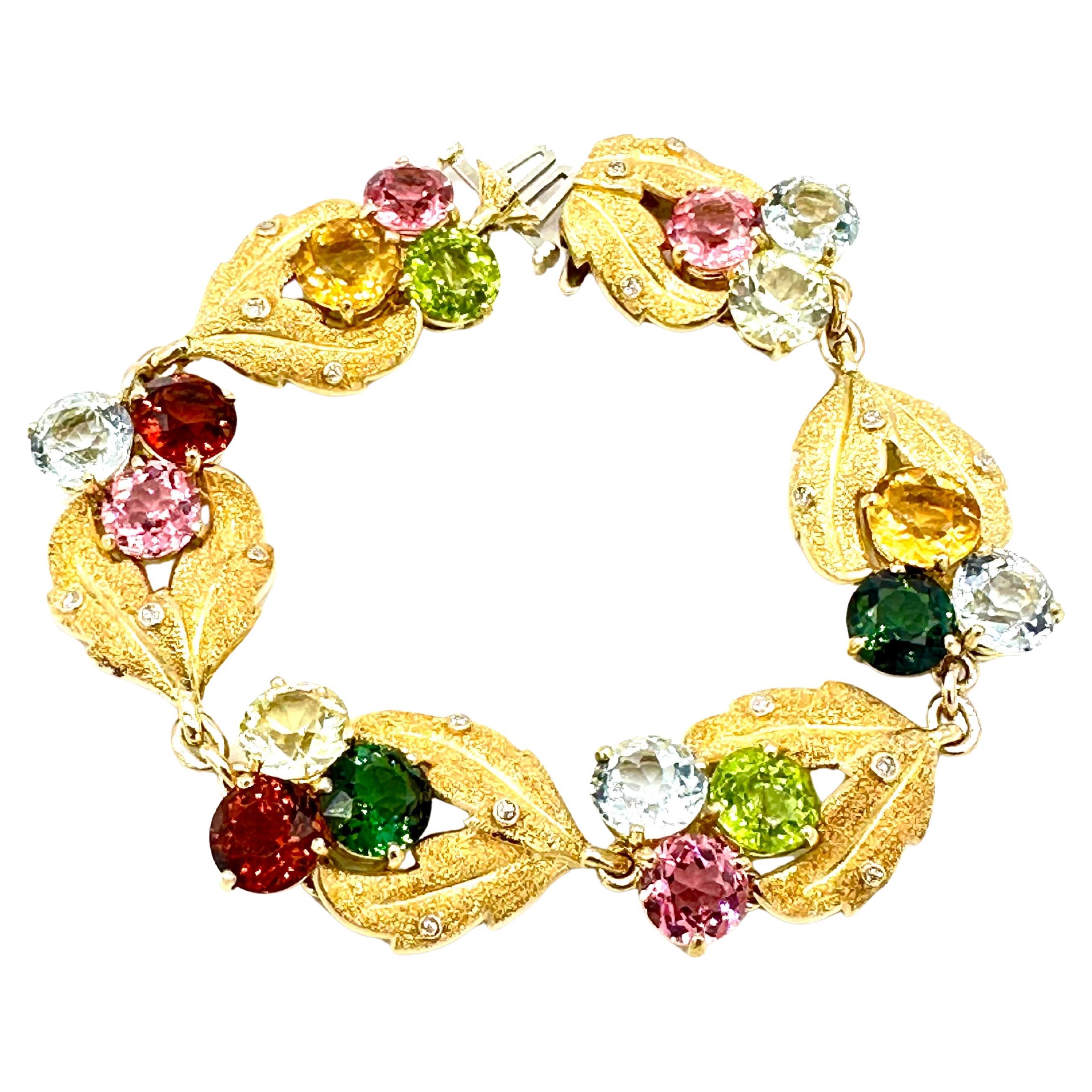 Round Faceted Multi Gem 18K Yellow Gold Foliage Bracelet