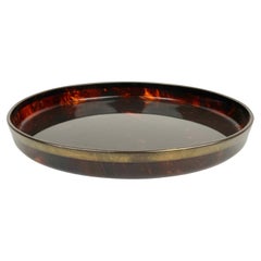 Round Faux Tortoiseshell Effect Lucite and Brass Tray, Italy, 1970s