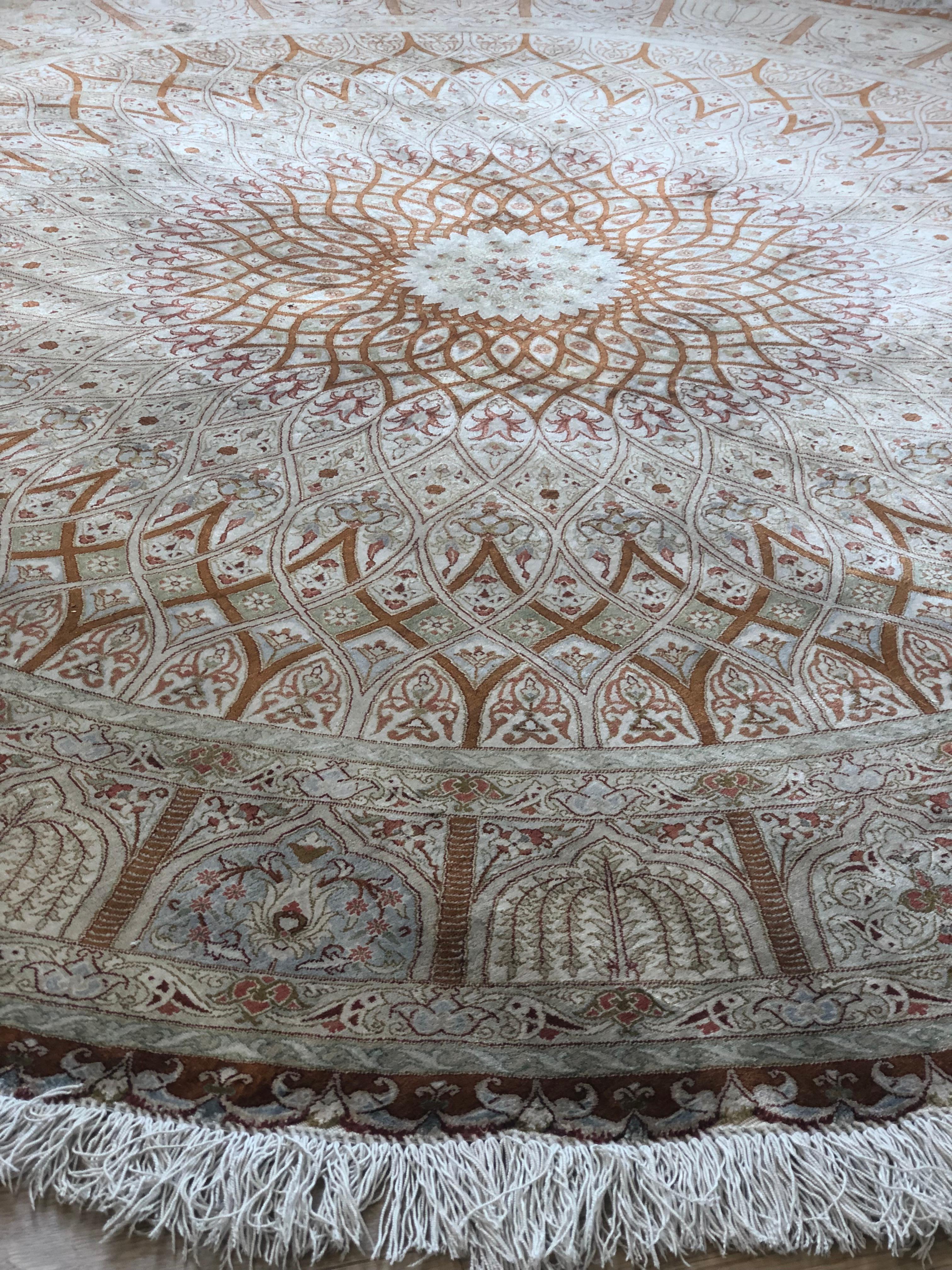 Asian Qum Kazemi Round Fine Vintage Persian Silk Hand Knotted Rug in Light Colors
