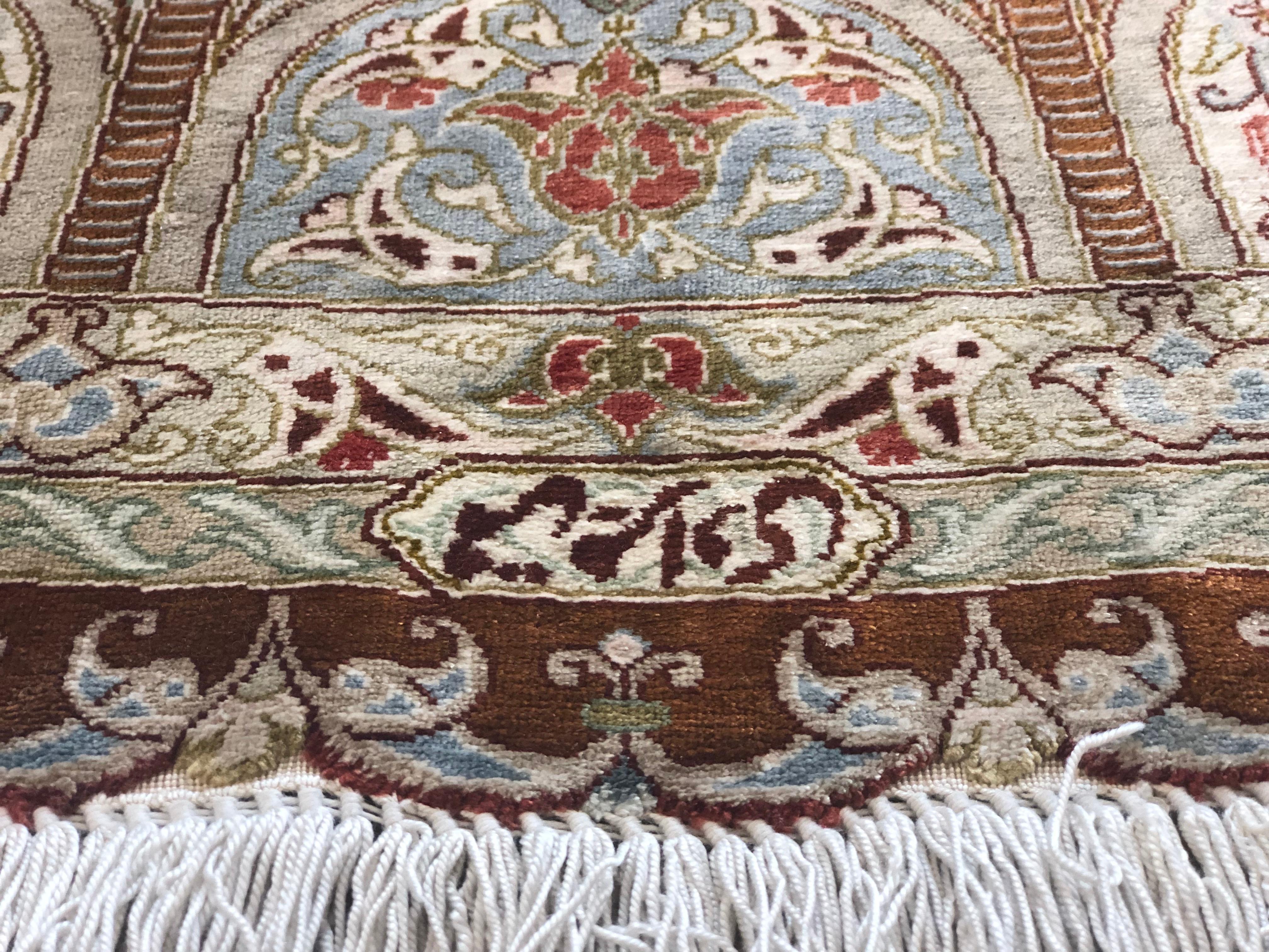 Qum Kazemi Round Fine Vintage Persian Silk Hand Knotted Rug in Light Colors 2