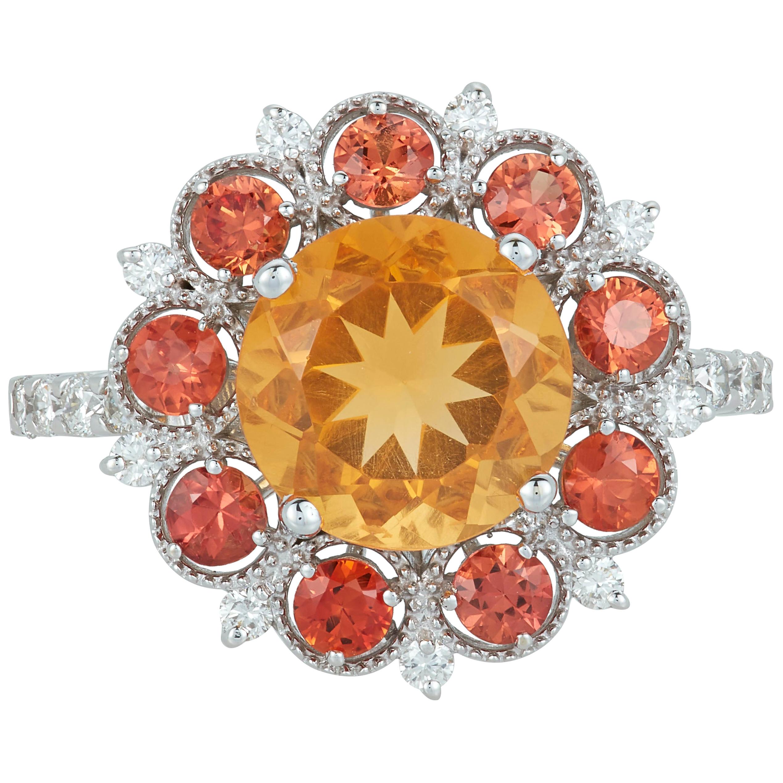 Round Blue Sapphire 14 Karat Rose Gold Diamond Fashion Flower Ring For