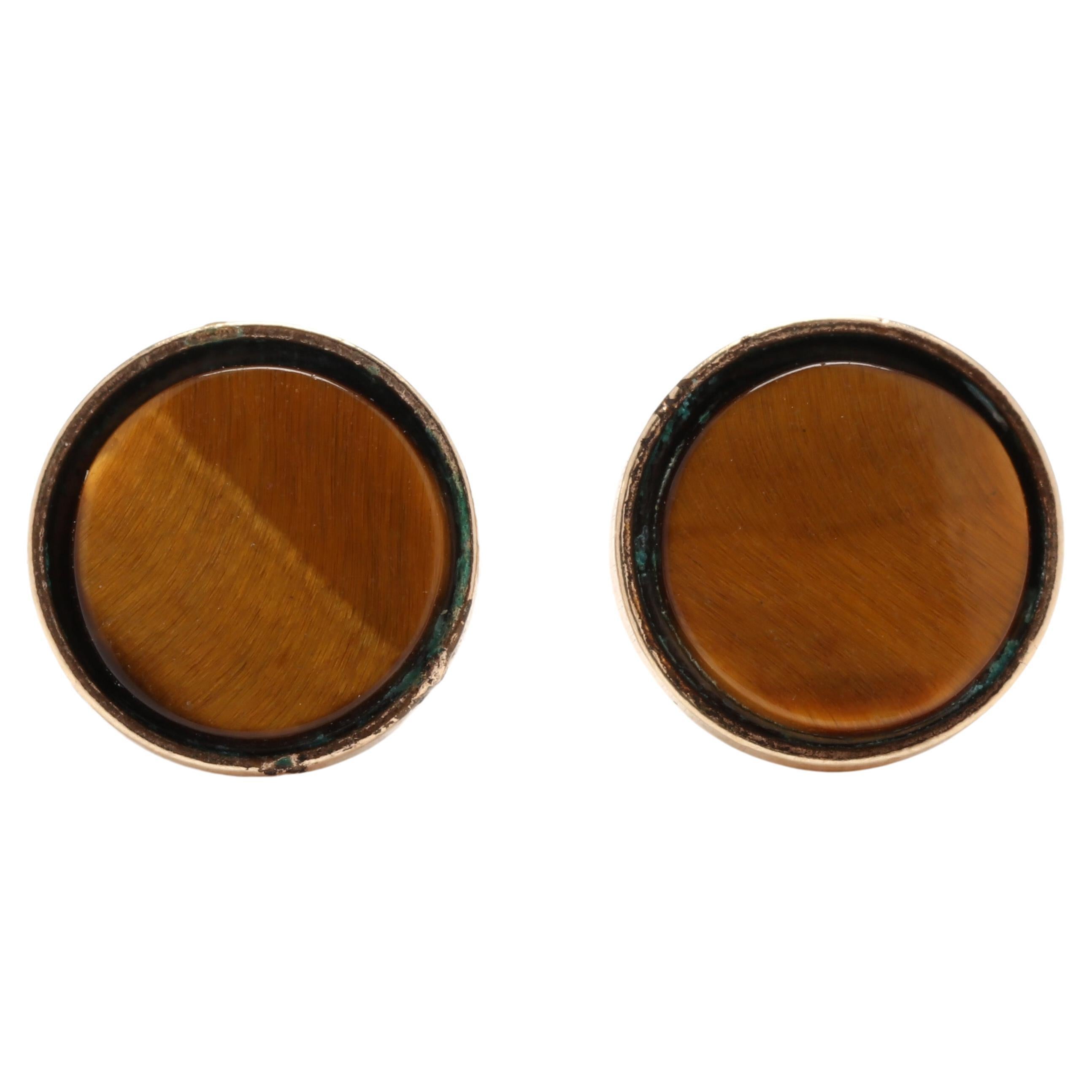 Round Flat Tiger's Eye Stud Earrings, 14KT Yellow Gold