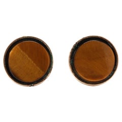 Vintage Round Flat Tiger's Eye Stud Earrings, 14KT Yellow Gold