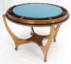 Round Flip Top Art Nouveau Deco Banded Carved Walnut Game Table MINT!
