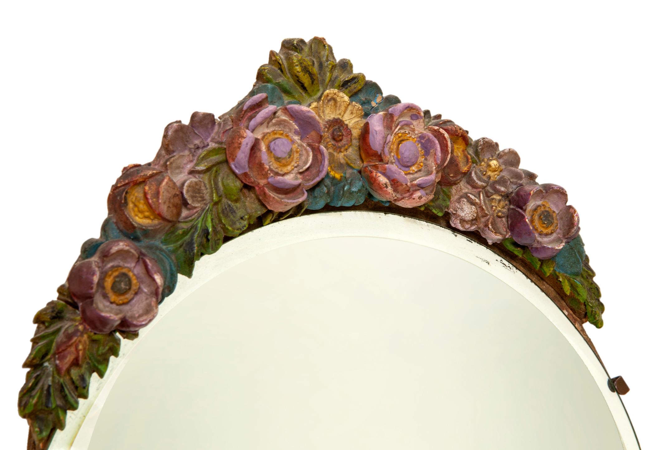 Mid-20th Century Round Floral Beveled Easel Table Mirror in Autumn Tones as shown on others For Sale