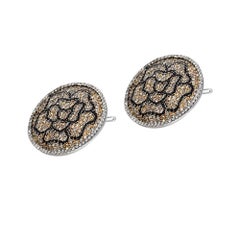 Round Floral Earrings Set with Fancy Colors White Black Diamonds 18 Karat Gold