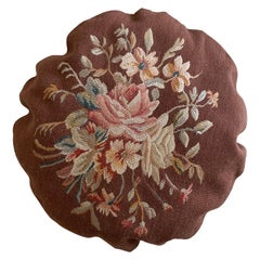 Round Floral French Aubusson Tapestry Style Needlepoint Square Pillow