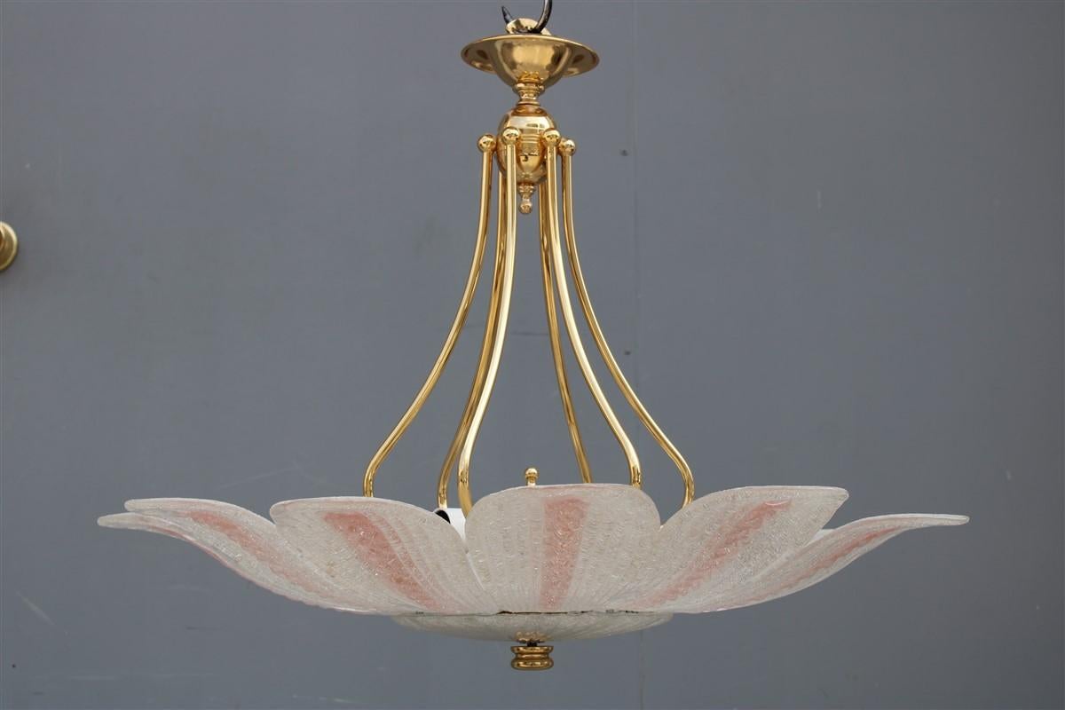 Mid-Century Modern Round Flower Chandelier Murano Glass Pink  Italian Design 1970 Brass Gold  For Sale