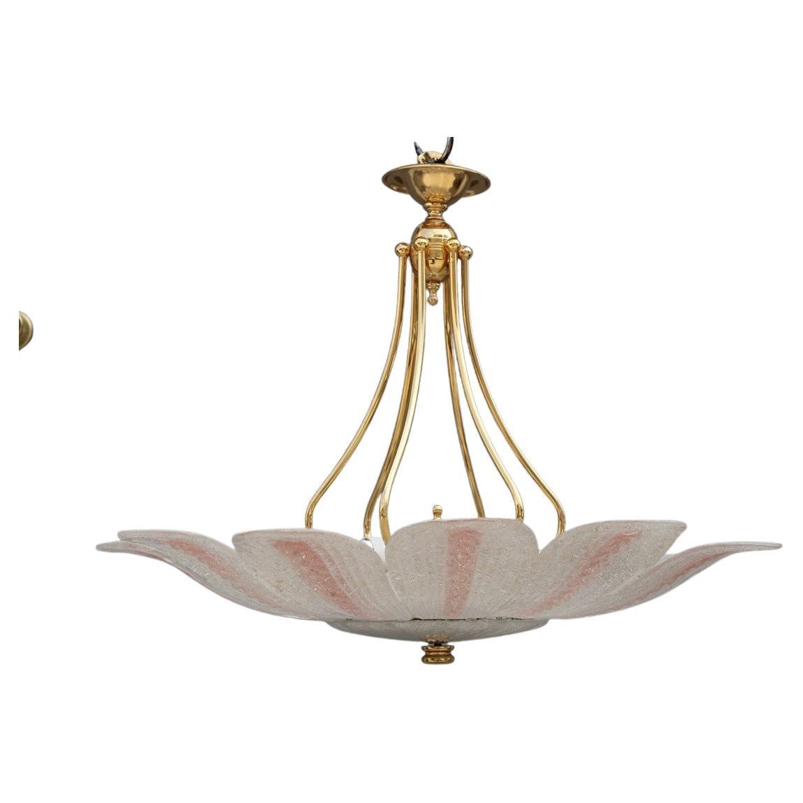 Round Flower Chandelier Murano Glass Pink  Italian Design 1970 Brass Gold  For Sale