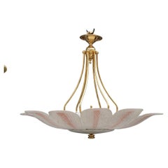 Round Flower Chandelier Murano Glass Pink  Italian Design 1970 Brass Gold 