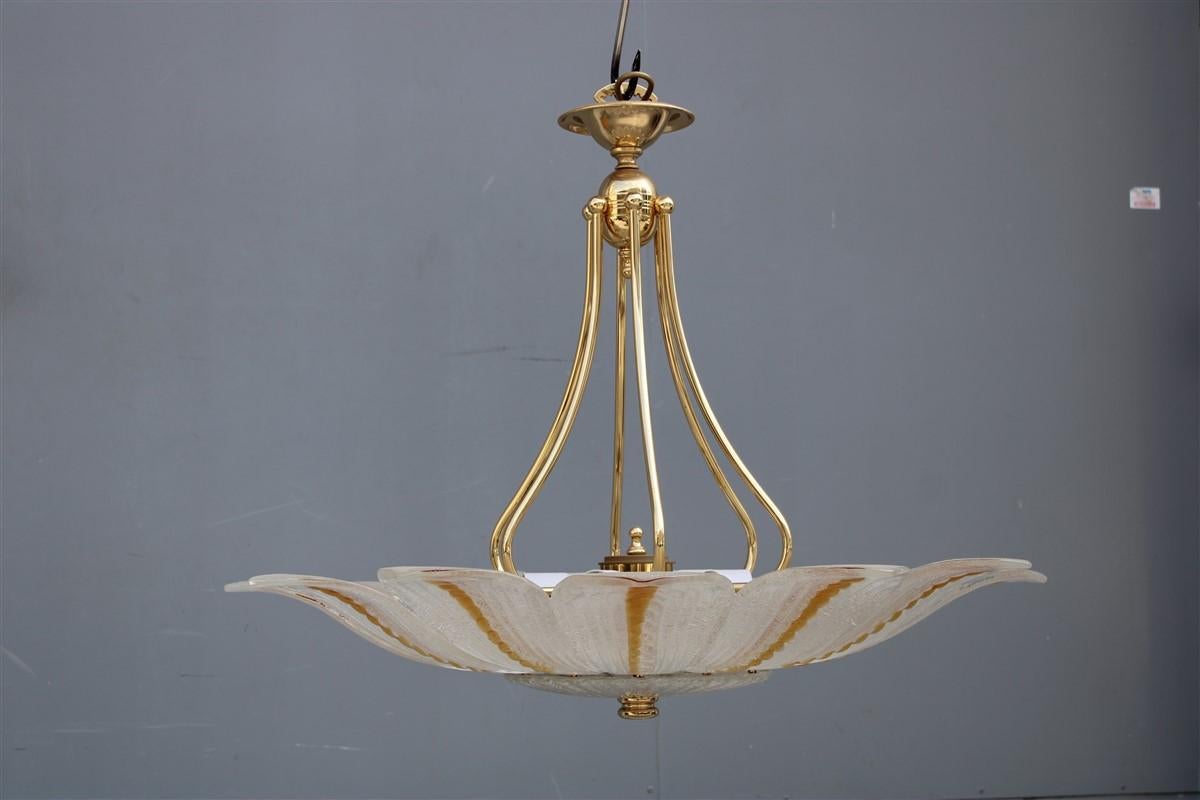 Mid-Century Modern Round Flower Chandelier Murano Glass Yellow  Italian Design 1970 Brass Gold  For Sale