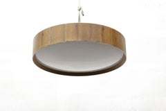 Round Flush Mount Light Fixture with Walnut Trim and Frosted Glass Diffuser