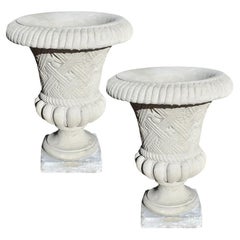 Round Fluted Concrete Basket Weave Garden Planters, a Pair