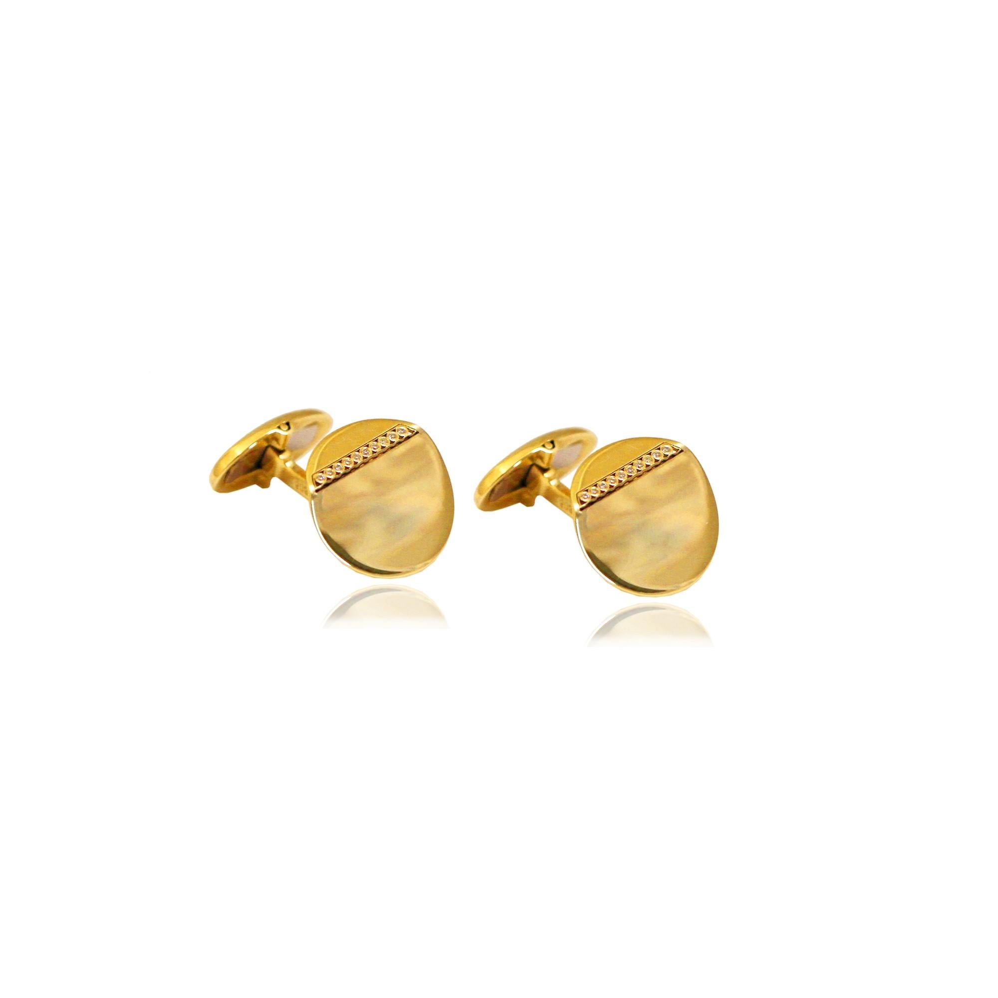 Brilliant Cut Round Folded Circle Cufflinks with a Line of Diamonds in 14Kt Yellow Gold For Sale