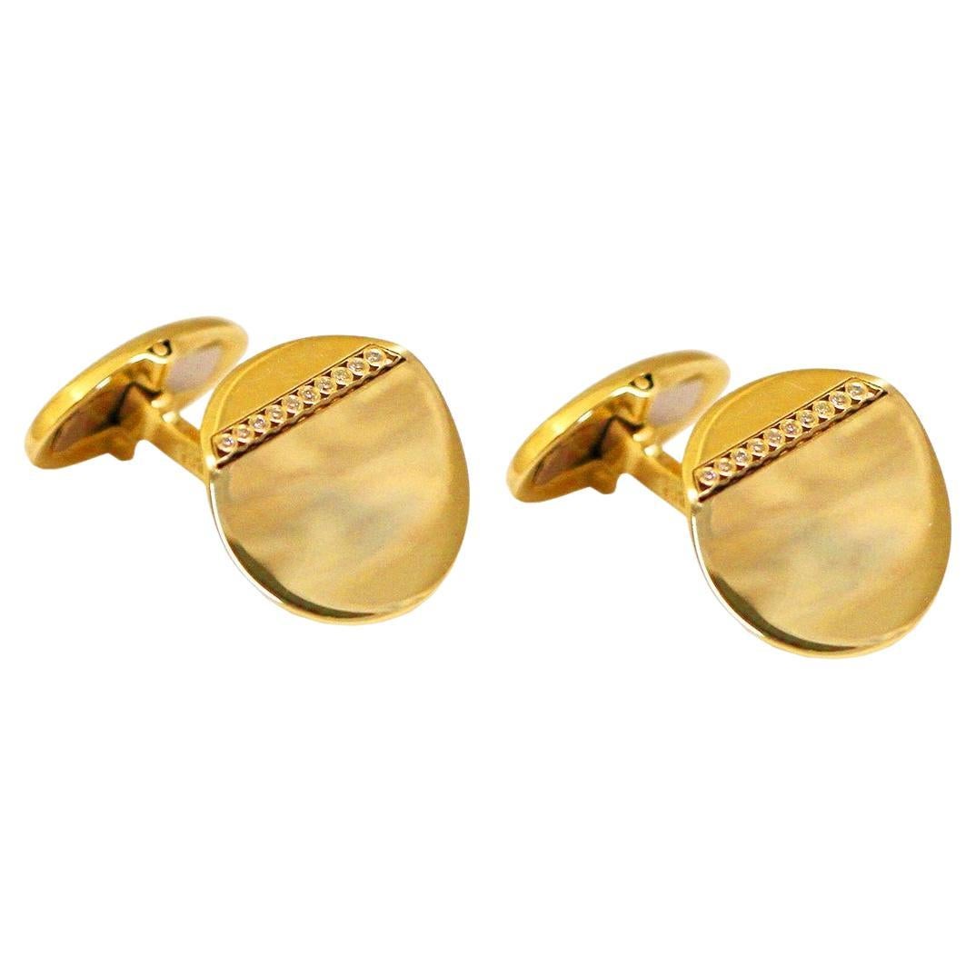 Round Folded Circle Cufflinks with a Line of Diamonds in 14Kt Yellow Gold For Sale