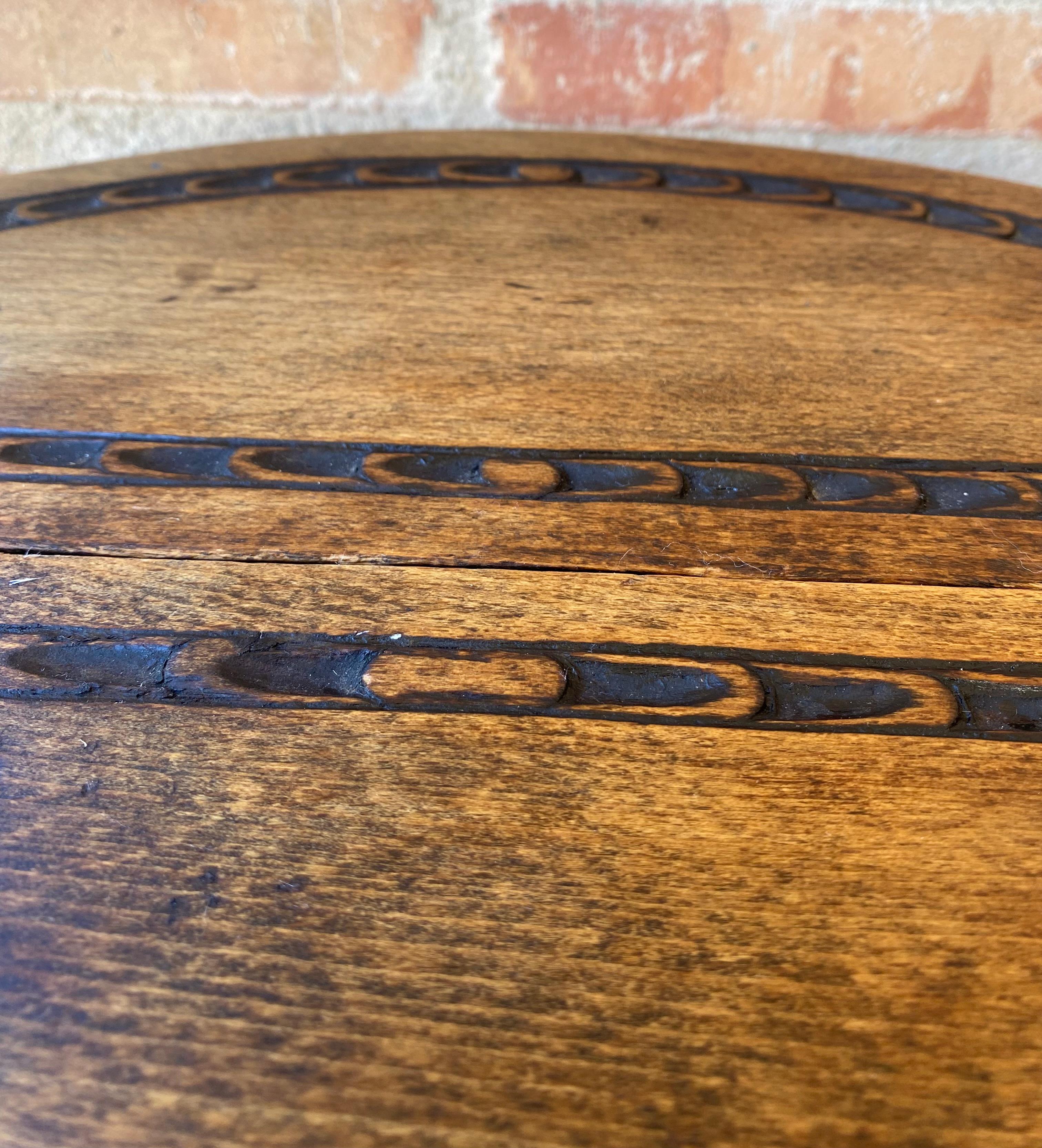 Round Folding Center Oak Table with Carved Top and Solomonic Legs, 1940s 5