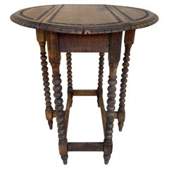 Round Folding Center Oak Table with Carved Top and Solomonic Legs, 1940s
