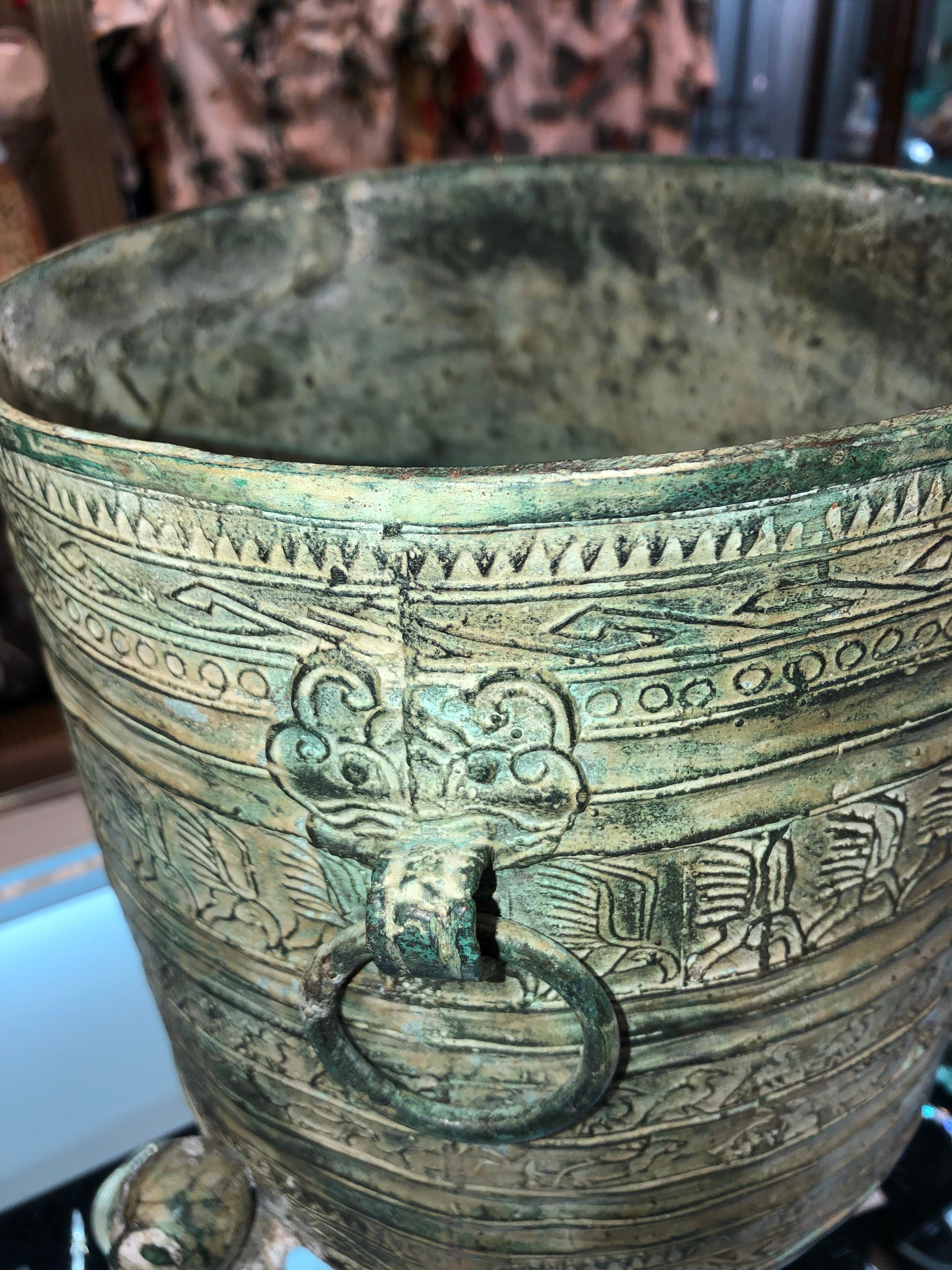 Tribal Round Footed Asian Bronze Finished Planter