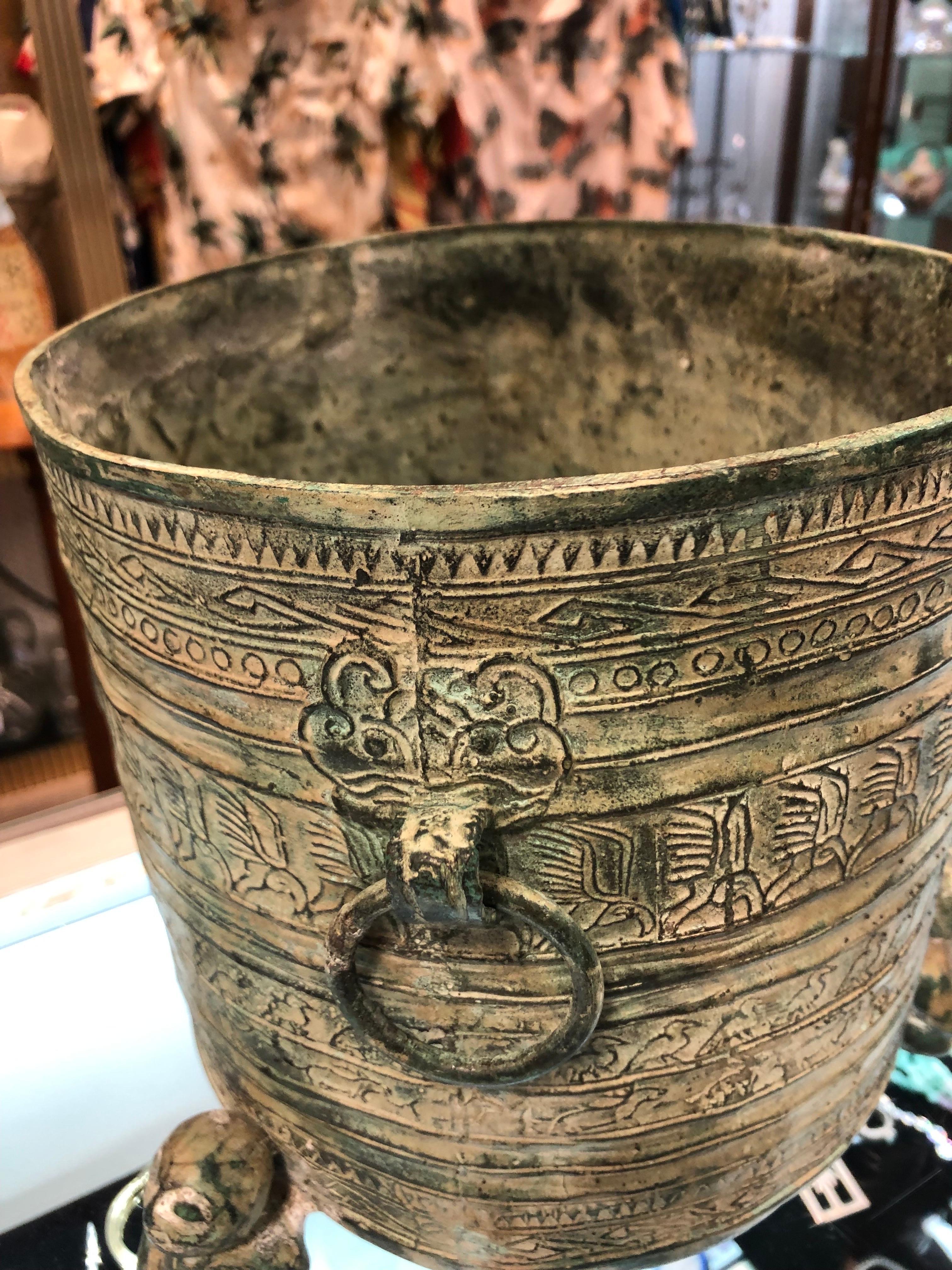 Hand-Crafted Round Footed Asian Bronze Finished Planter