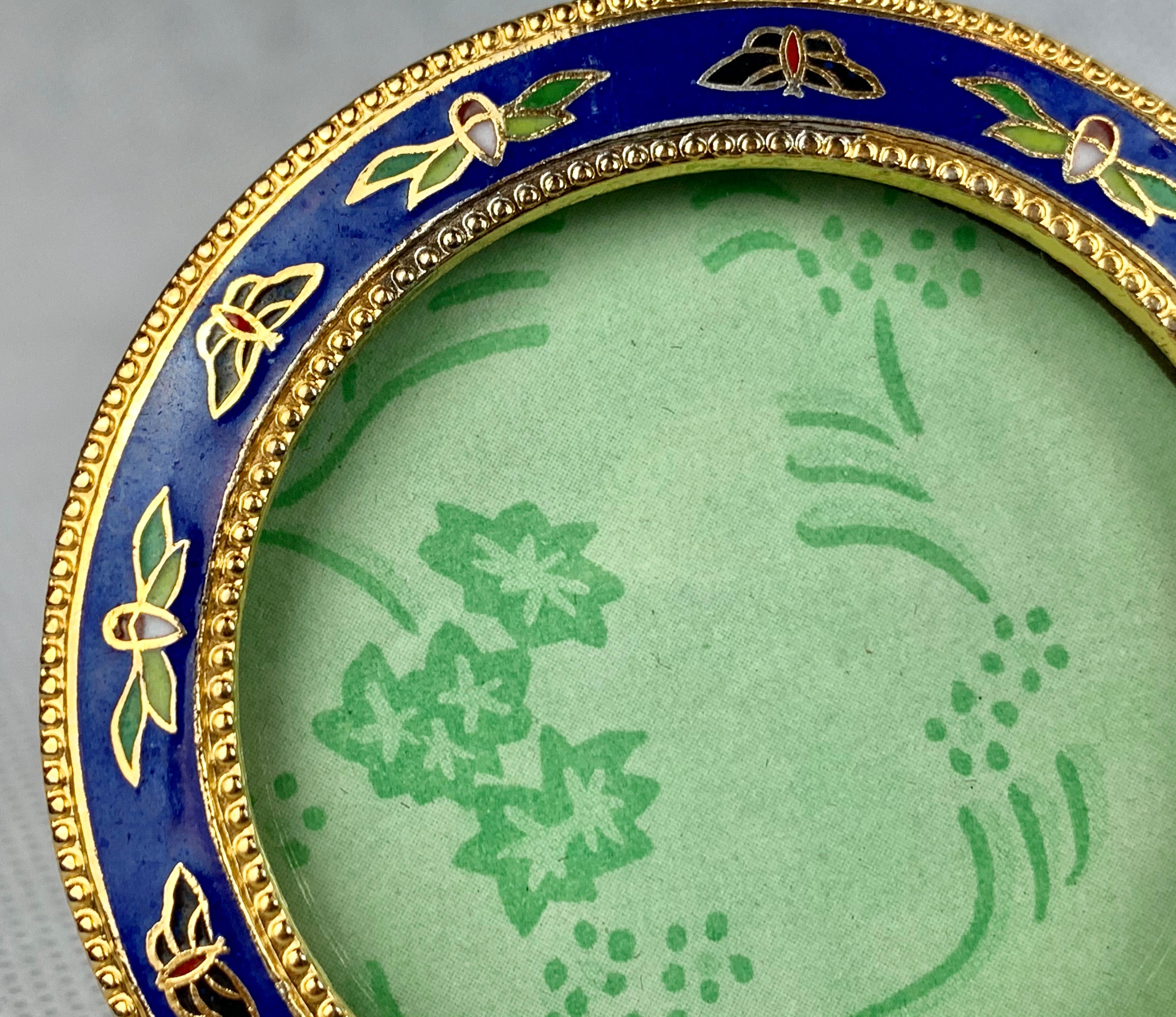 French  Champlevé Enamel Round  Lapis Blue Frame with Gilt Bead Edging