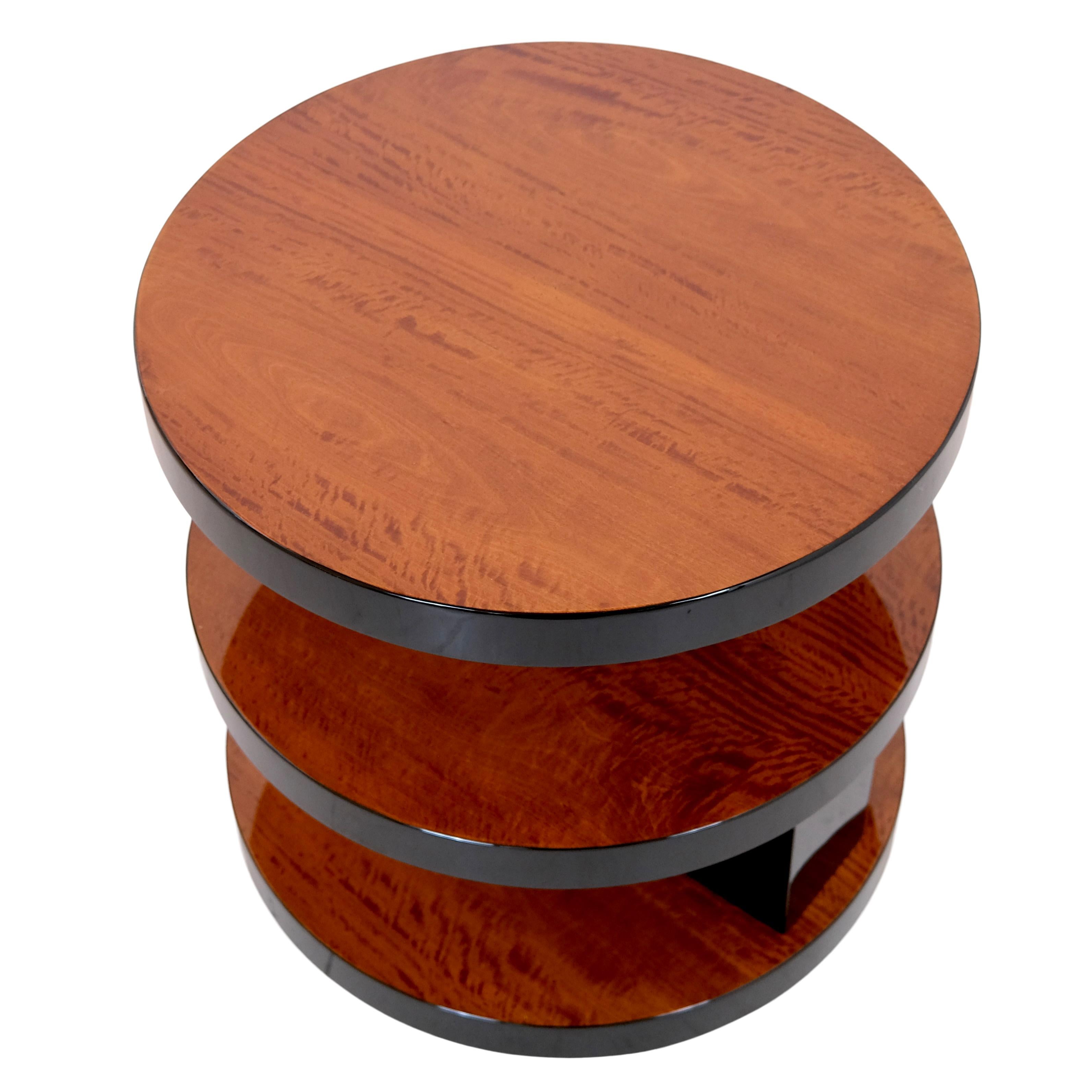 Blackened Round French Art Deco Mahogany Side Table with Black Lacquer with Three Levels