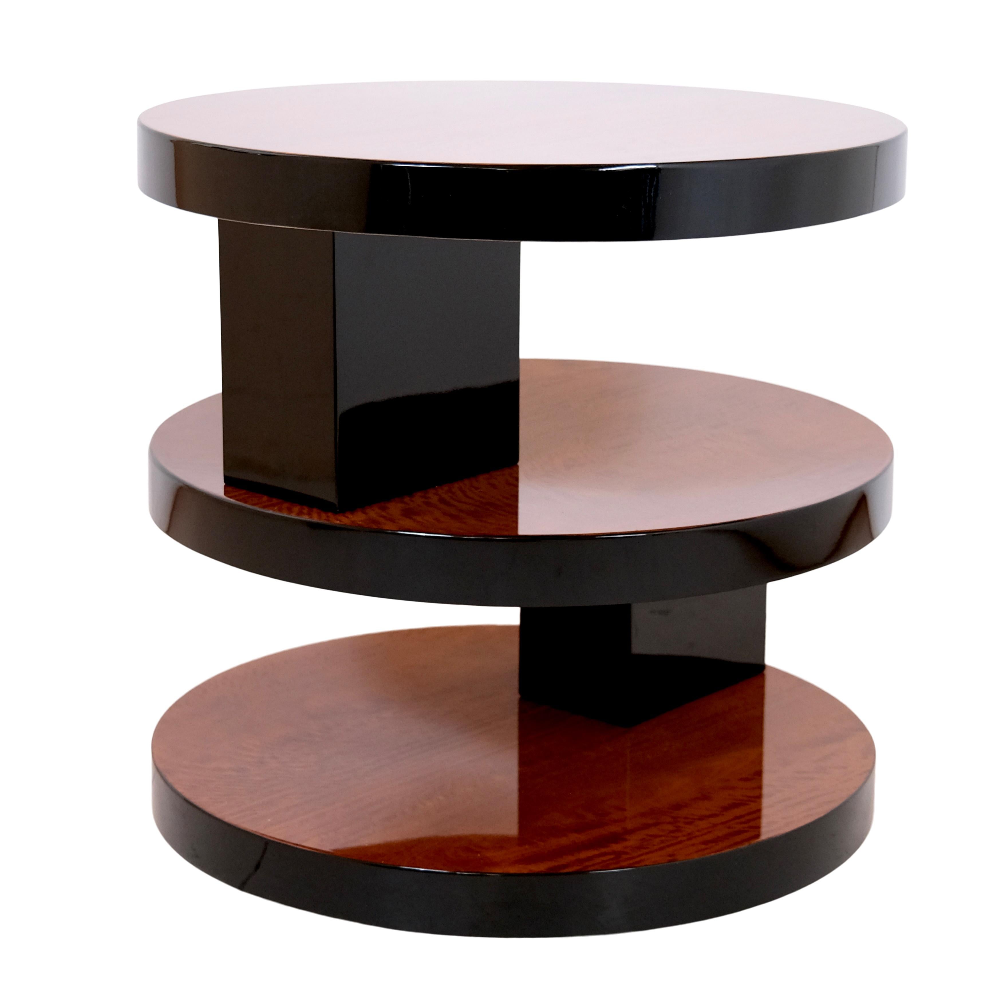Round French Art Deco Mahogany Side Table with Black Lacquer with Three Levels 1