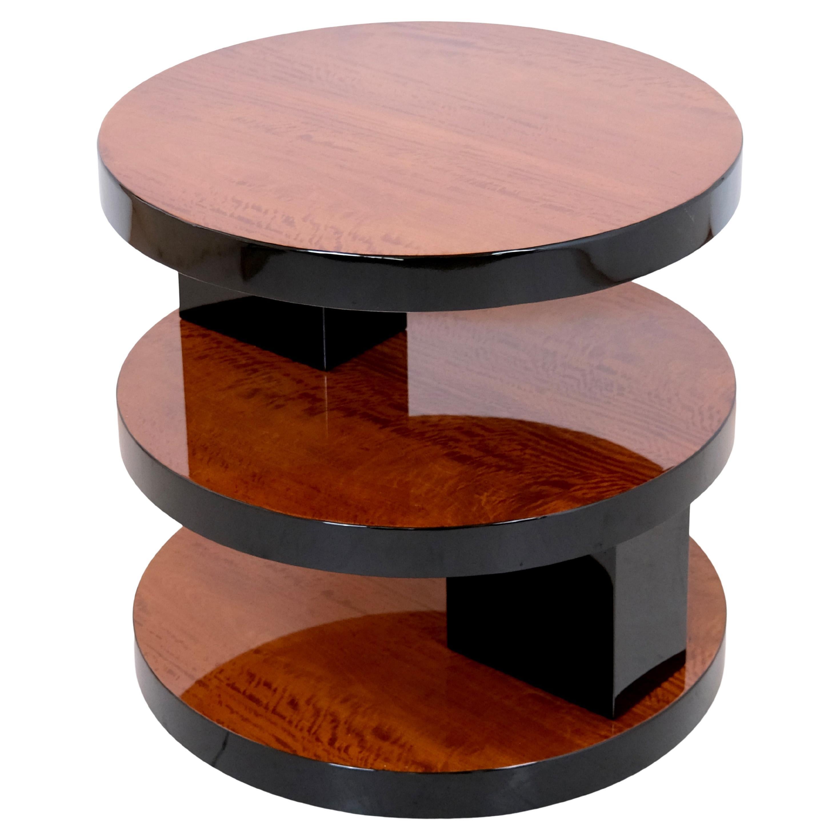 Round French Art Deco Mahogany Side Table with Black Lacquer with Three Levels