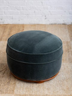 Round French Art Deco Ottoman in Teal Mohair