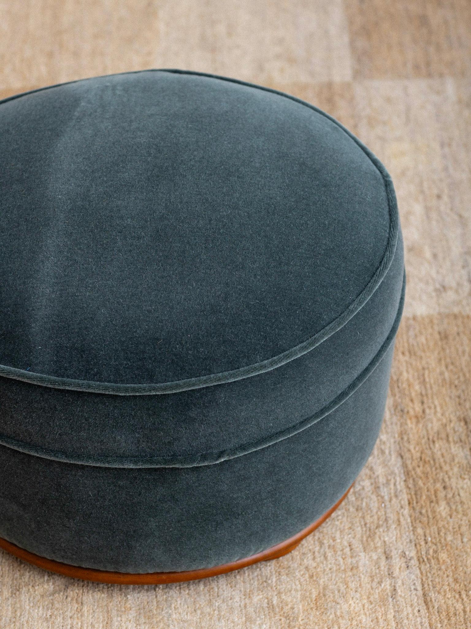 Round French Art Deco Ottoman in Teal Mohair 1