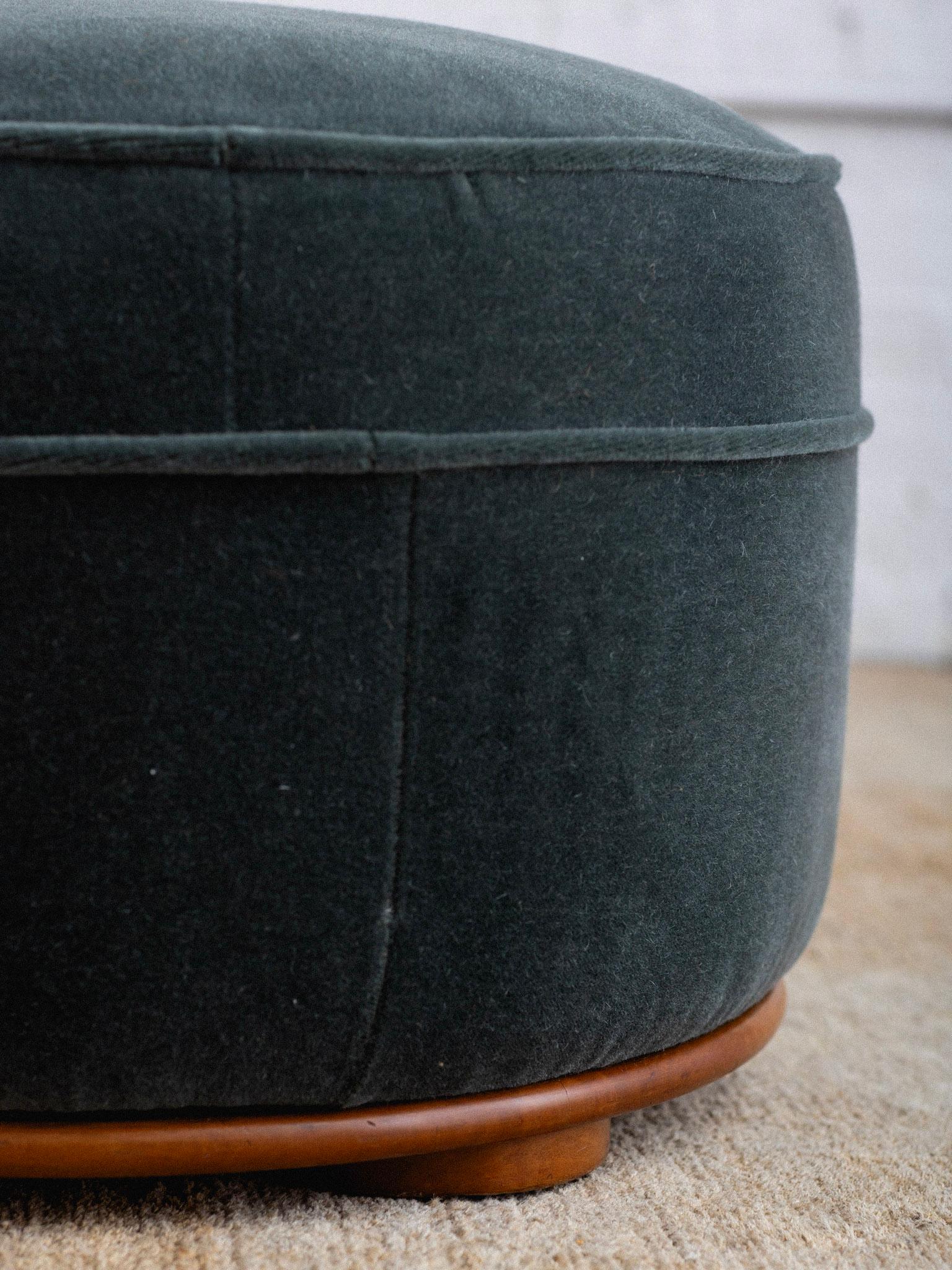 Round French Art Deco Ottoman in Teal Mohair 2