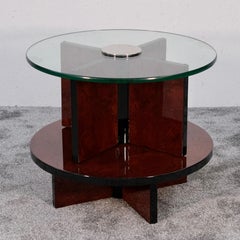 Round French Art Deco Side Table in Thuya Burl with Glass Top, 1930s