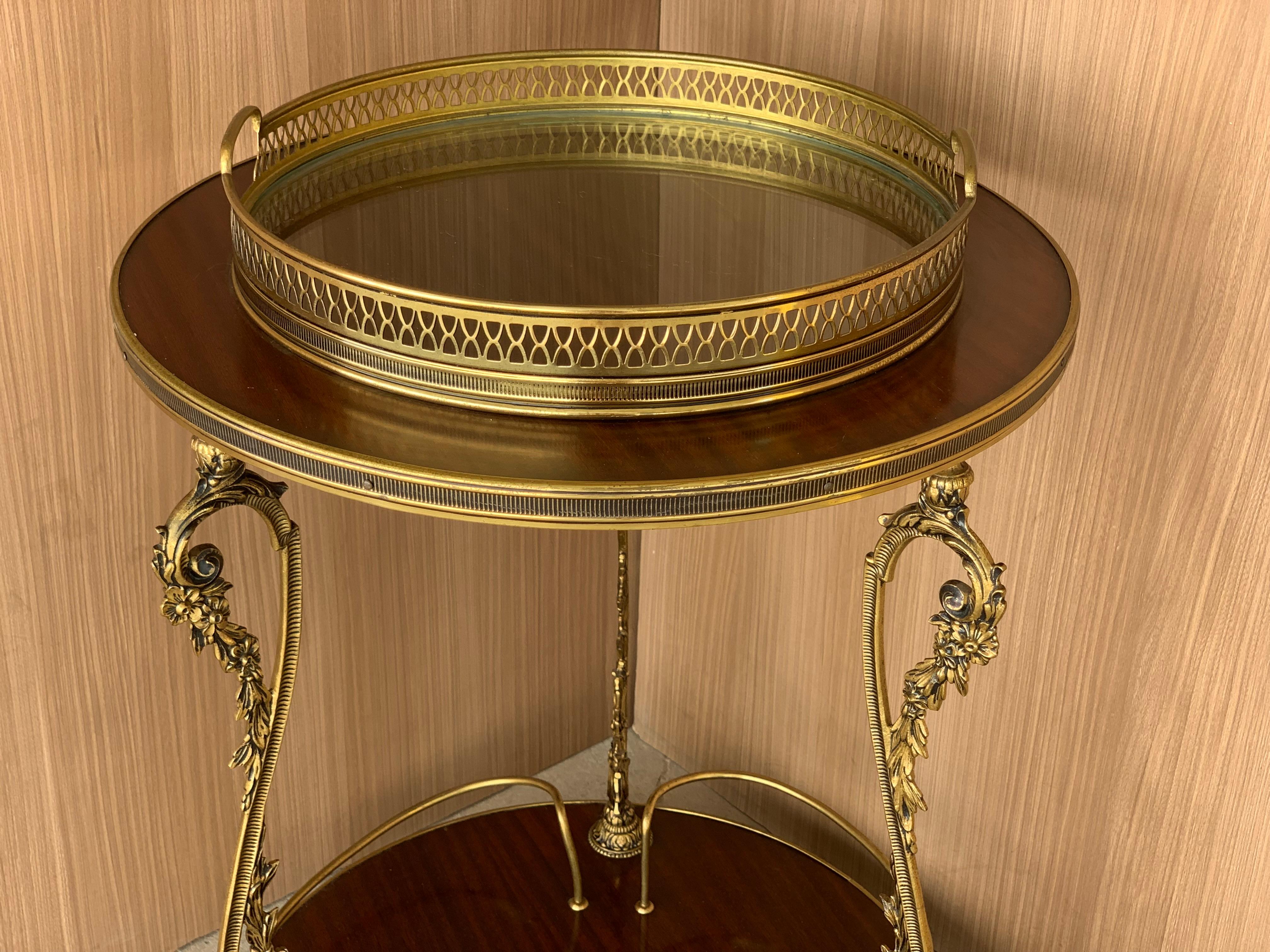 Neoclassical Round French Bar Cart with Serving Tray Attributed to Maison Baguès