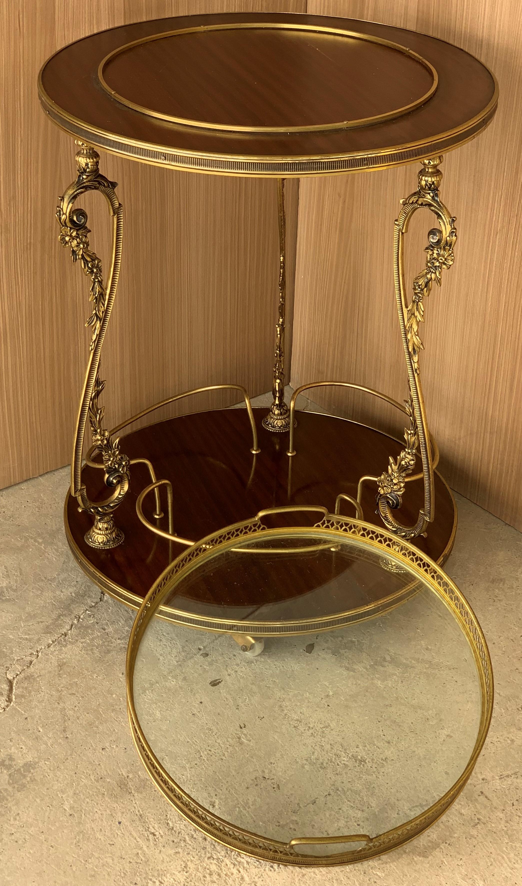 Brass Round French Bar Cart with Serving Tray Attributed to Maison Baguès
