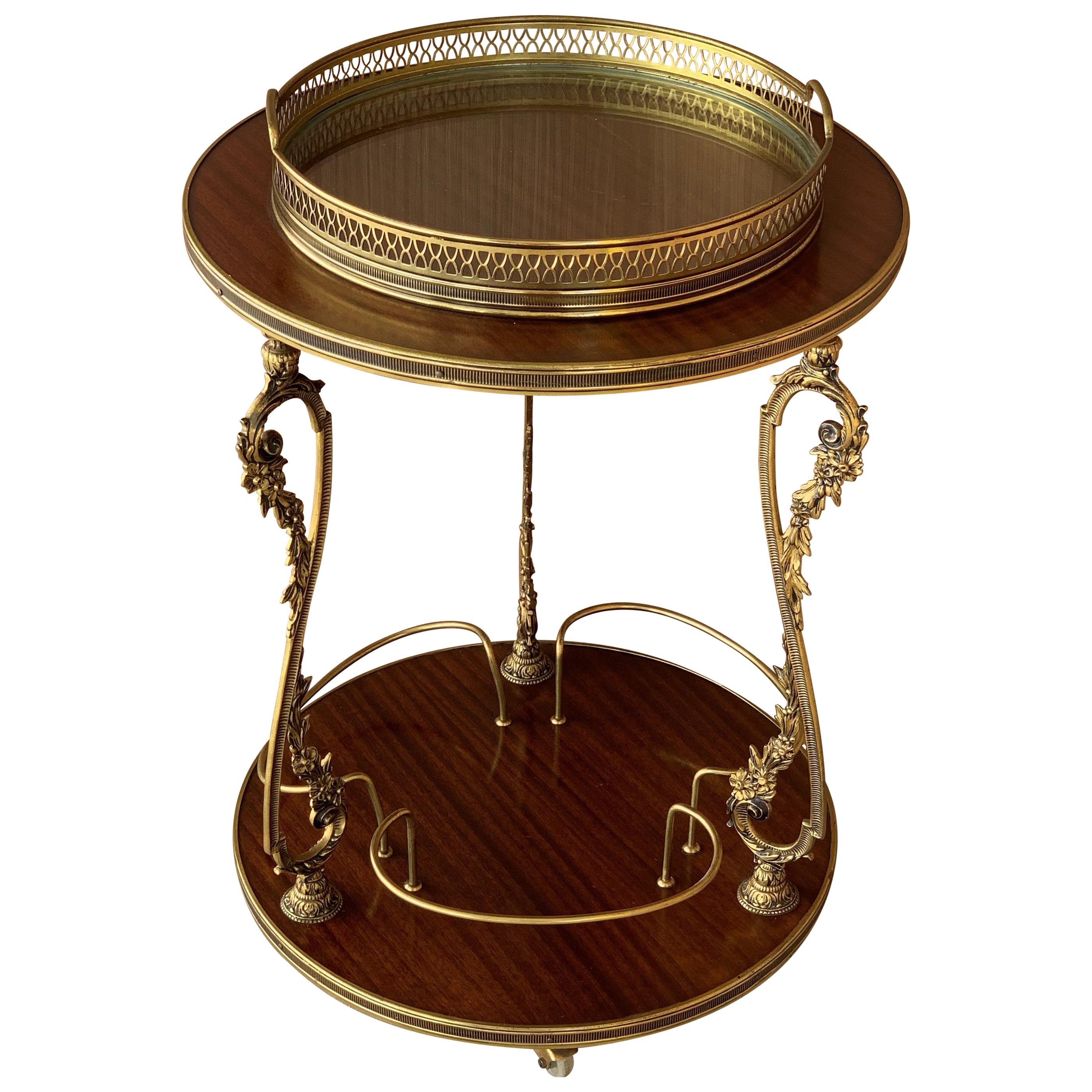 Round French Bar Cart with Serving Tray Attributed to Maison Baguès