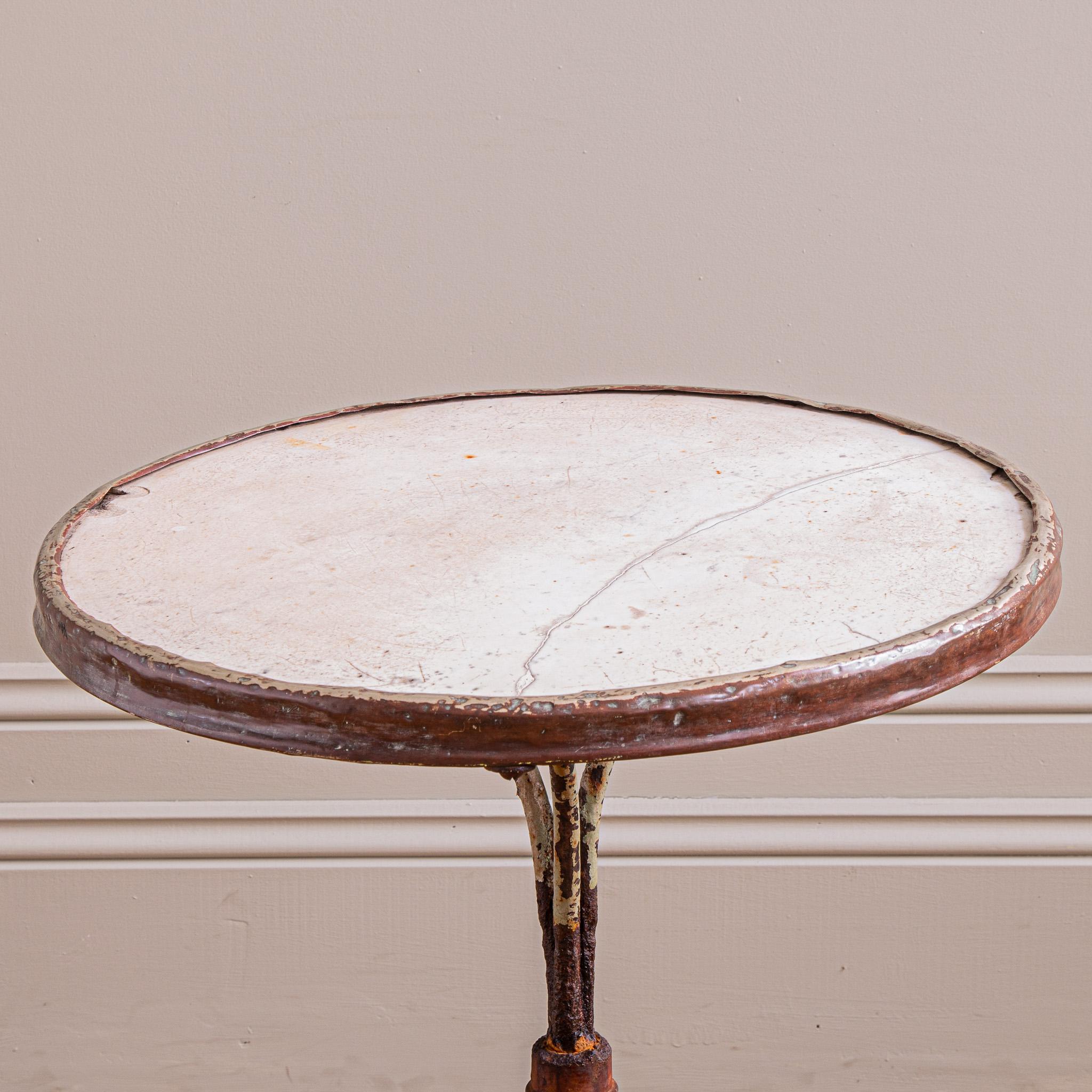 Round French Cast Iron Bistro Table With Marble & Brass Trim Circa 1900 In Fair Condition For Sale In London, Park Royal