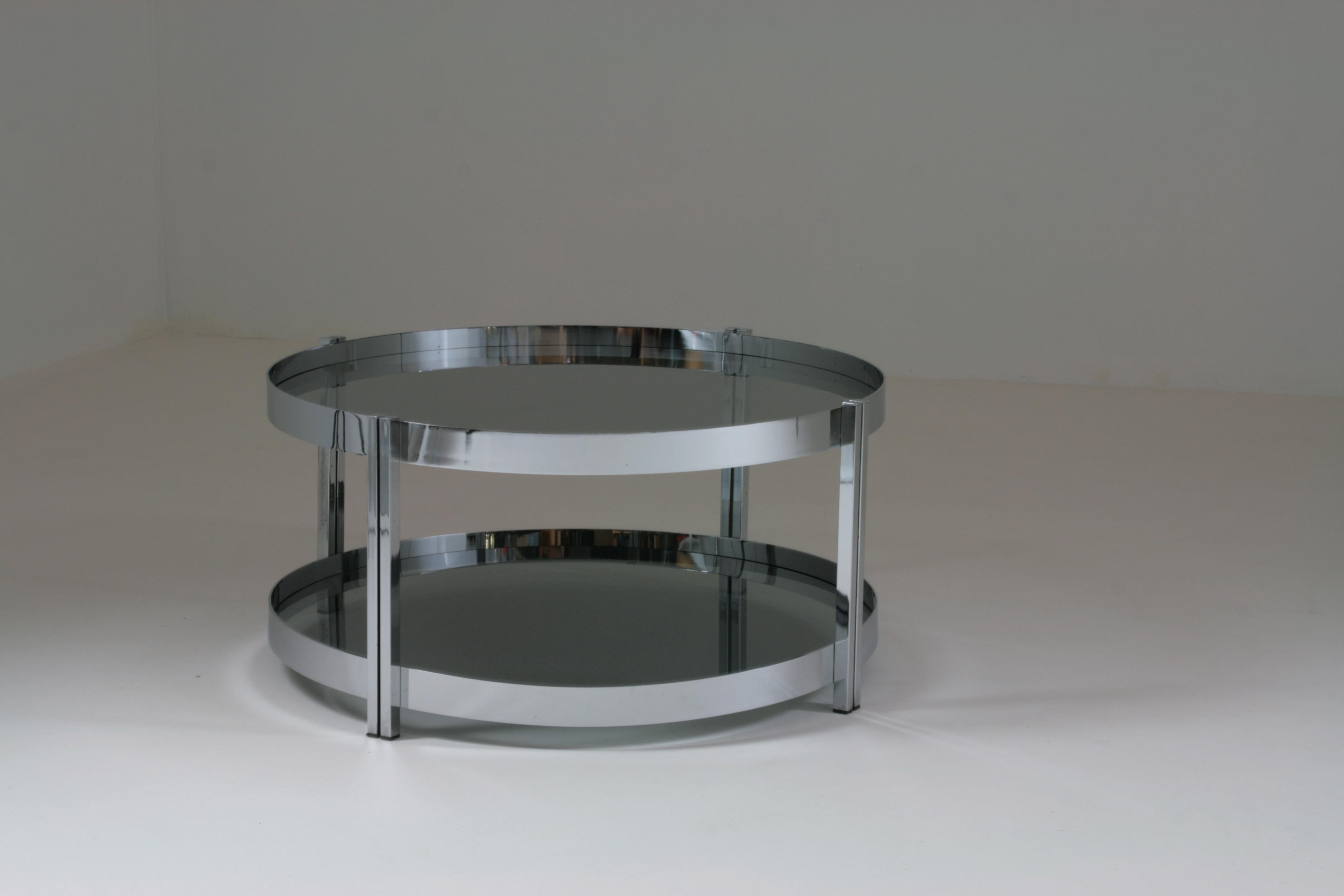 Round French Chromed Metal and Smoked Glass Coffee Table, 1970s For Sale 6