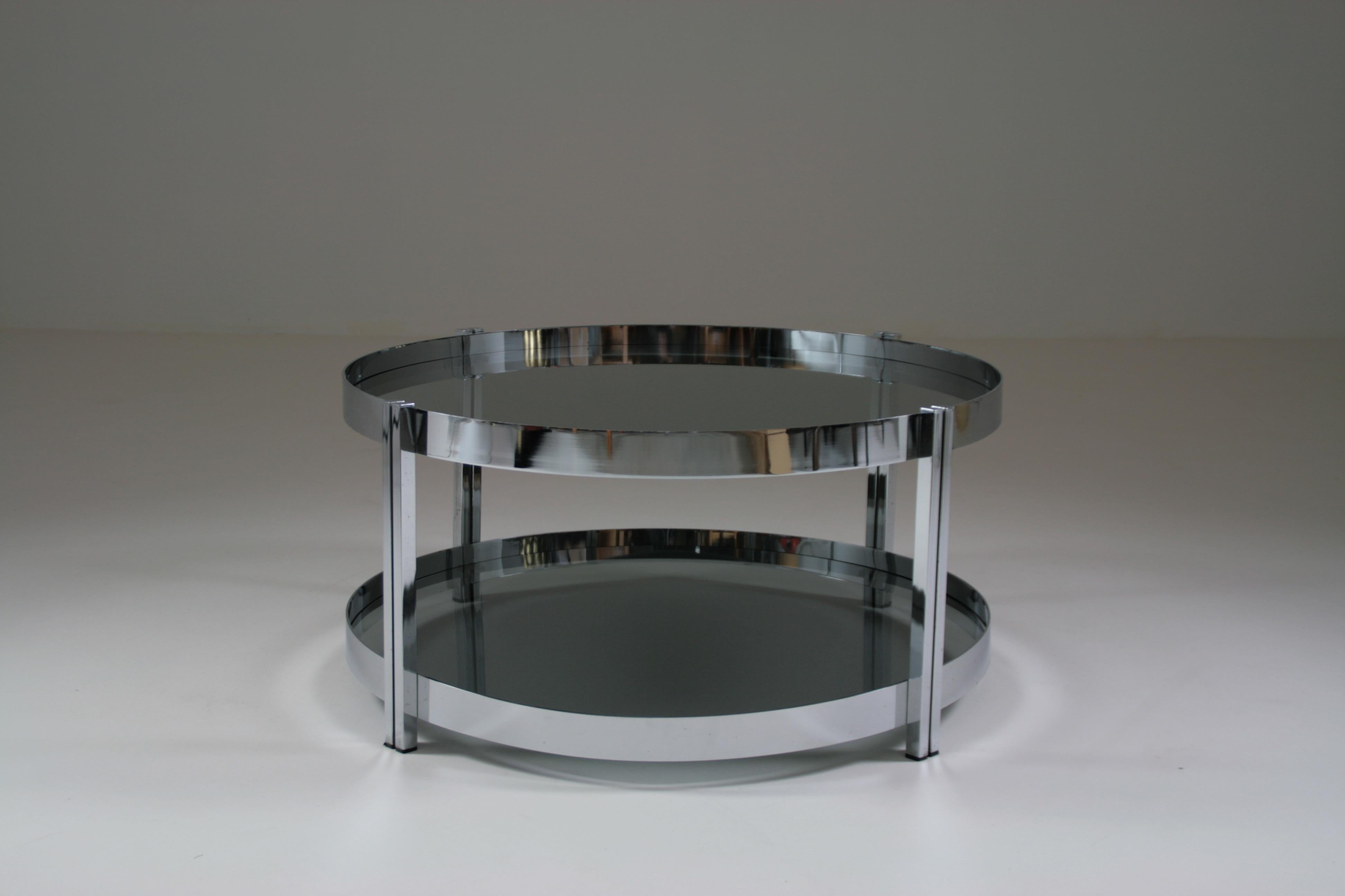 Round French Chromed Metal and Smoked Glass Coffee Table, 1970s For Sale 8