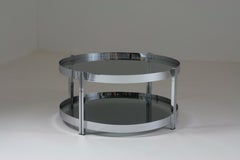 Round French Chromed Metal and Smoked Glass Coffee Table, 1970s