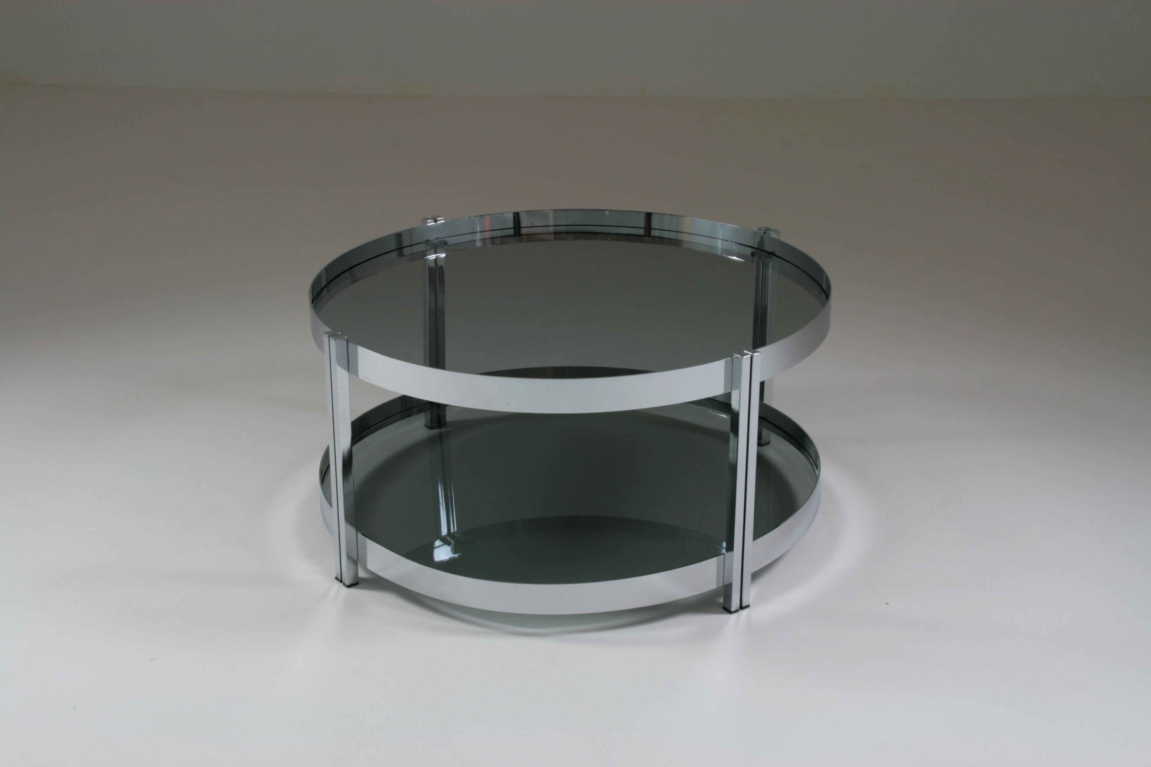 20th Century Round French Chromed Metal and Smoked Glass Coffee Table, 1970s For Sale