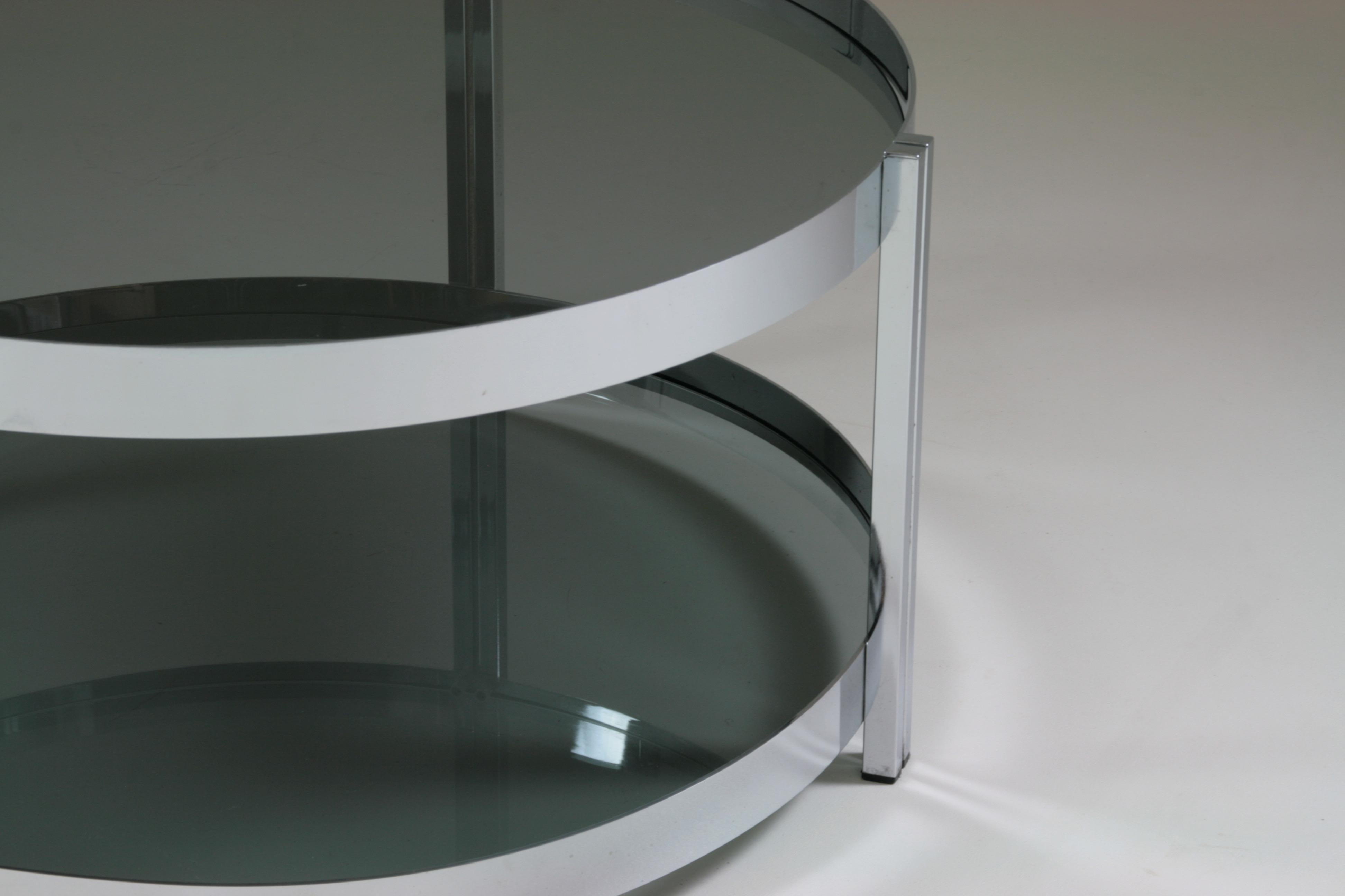 Round French Chromed Metal and Smoked Glass Coffee Table, 1970s For Sale 3