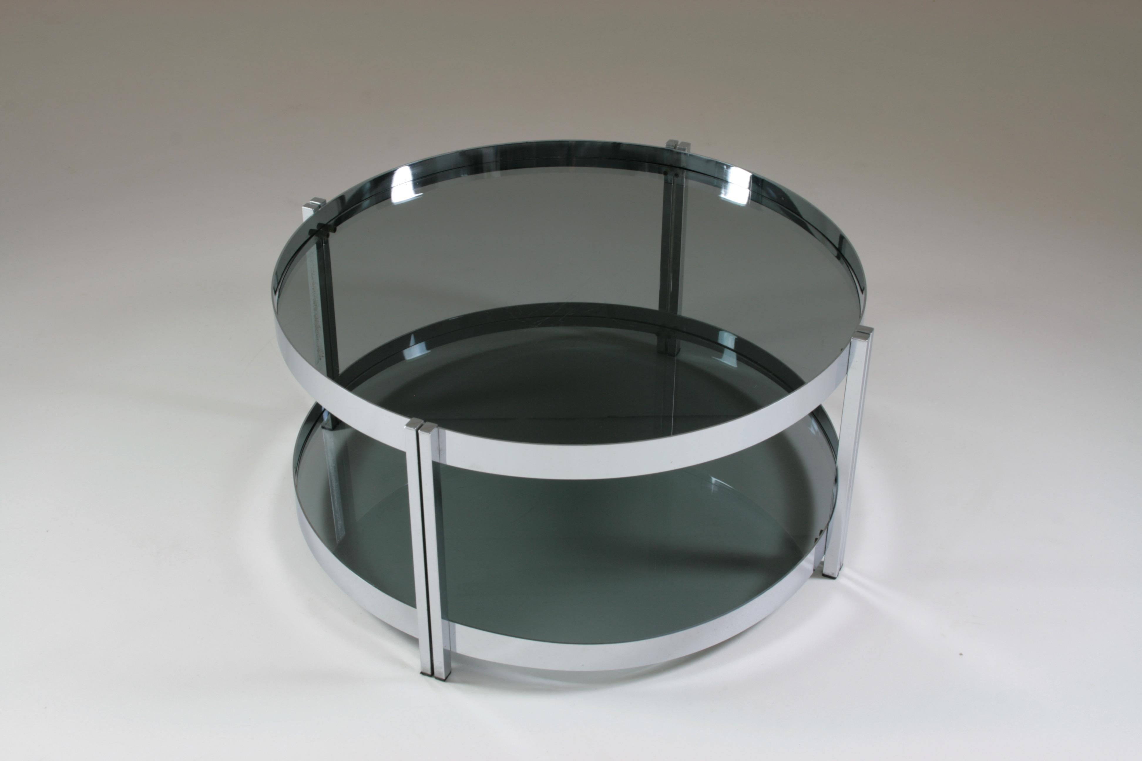Round French Chromed Metal and Smoked Glass Coffee Table, 1970s For Sale 5