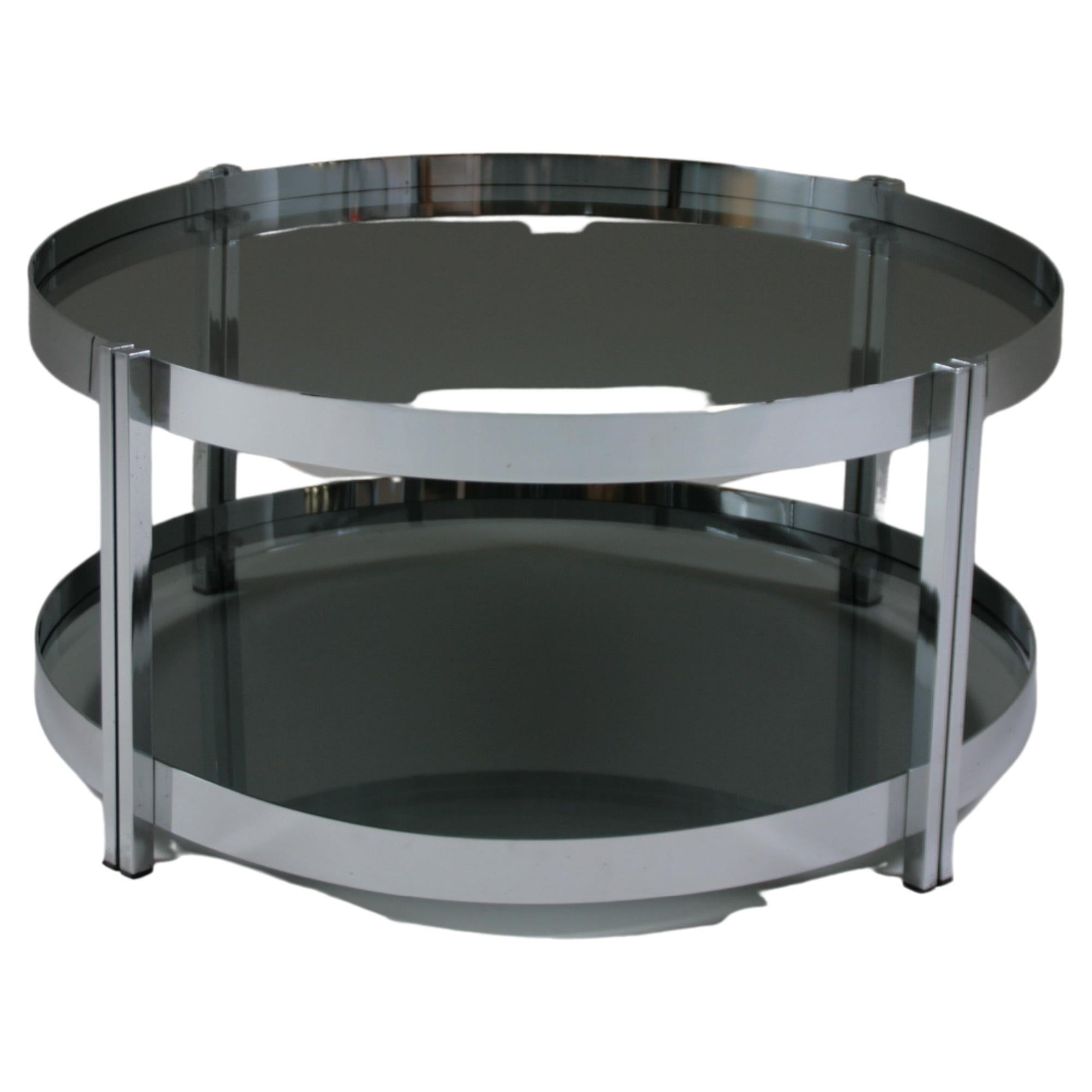 Round French Chromed Metal and Smoked Glass Coffee Table, 1970s For Sale