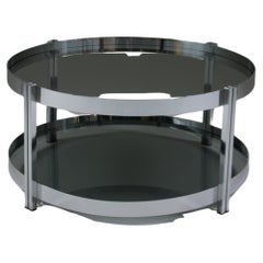 Round French Chromed Metal and Smoked Glass Coffee Table, 1970s