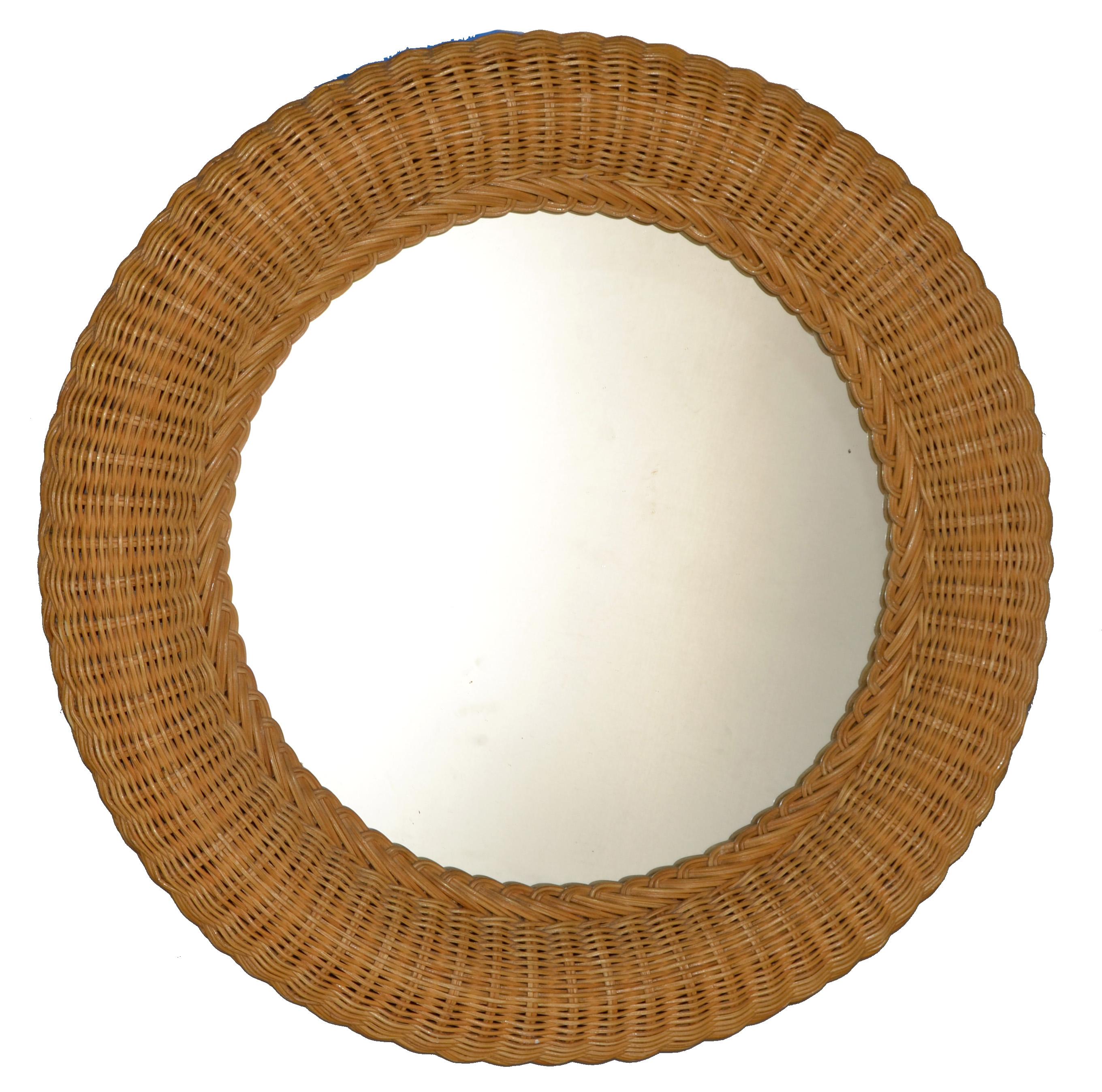 Round French Coastal Handwoven Pencil Reed & Wicker Wall Mirror Bohemian Chic For Sale 9